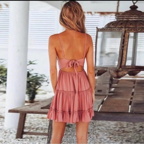 Pink Spaghetti Strap Backless Bow Knot Beach Dress - Picture 3 of 5